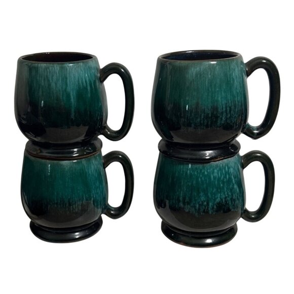 Evangeline Pottery Coffee Mugs Set Of 4 Green Black Drip Glaze Canada MCM Vtg - Picture 1 of 7